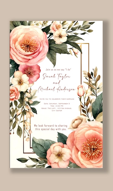 tarjeta de invitación de boda floral flor y hoja