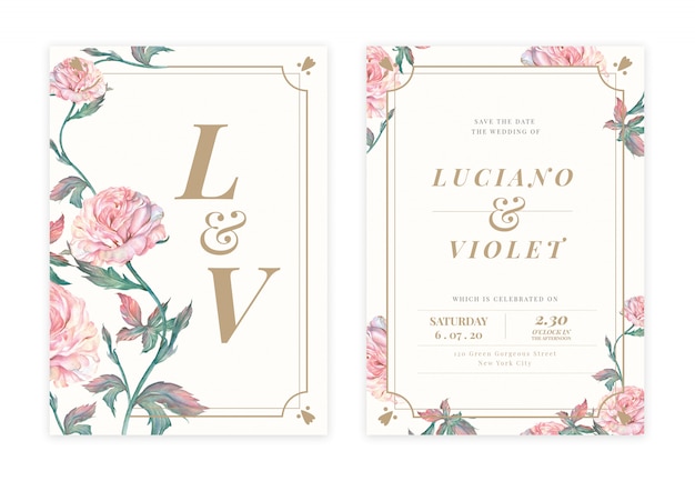 PSD tarjeta de invitación de boda floral handdrawn