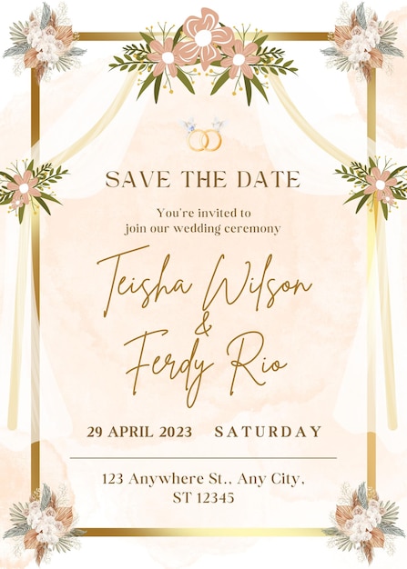 Tarjeta de invitación de boda floral marrón y blanca
