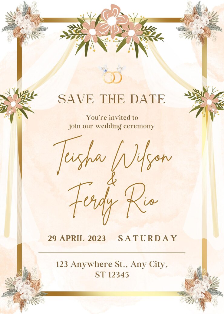 PSD tarjeta de invitación de boda floral marrón y blanca