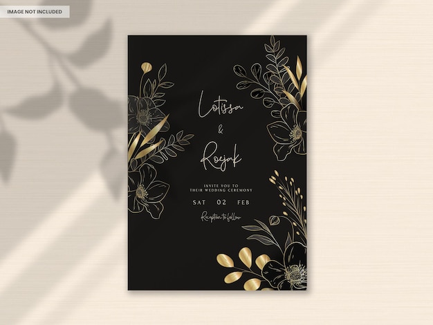 PSD tarjeta de invitación de boda floral de oro de lujo