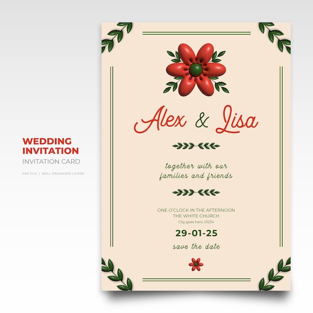 Tarjeta de invitación de boda floral con render 3d