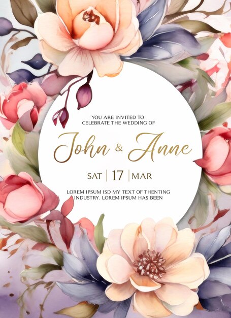 Tarjeta de invitación de boda con flores de acuarela delicadas