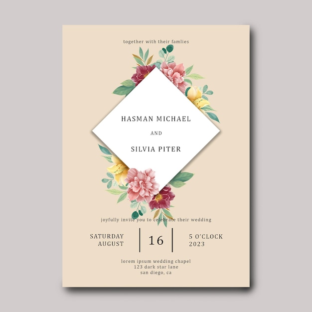 Tarjeta de invitación de boda con flores en acuarela