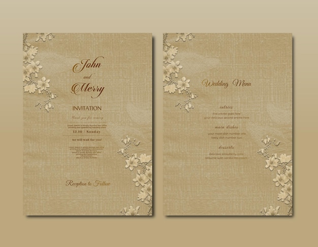 Tarjeta de invitación de boda con formas de ondas doradas de color burdeos.