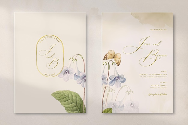 Tarjeta de invitación de boda moderna con flor blanca vintage