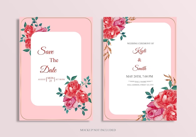 Tarjeta de invitación de boda romántica con dibujo a mano flor suave y hojas psd