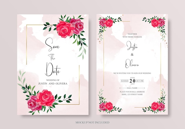 Tarjeta de invitación de boda romántica con dibujo a mano de flores suaves y hojas PSD