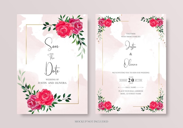 PSD tarjeta de invitación de boda romántica con dibujo a mano de flores suaves y hojas psd