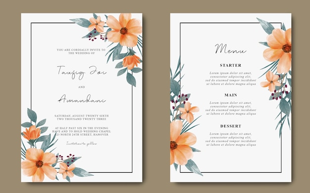 Tarjeta de invitación de boda y tarjeta de menú con flor de naranja acuarela