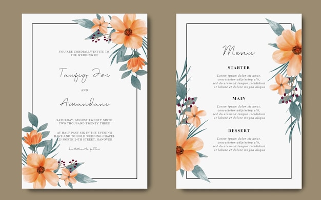 tarjeta de invitación de boda y tarjeta de menú con flor de naranja acuarela