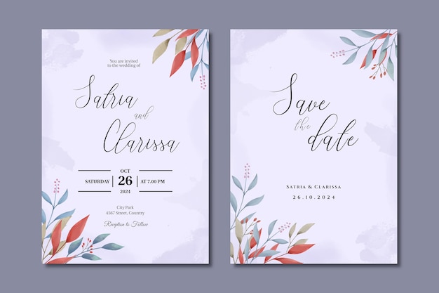 Tarjeta de invitación de boda verde con hojas de acuarela