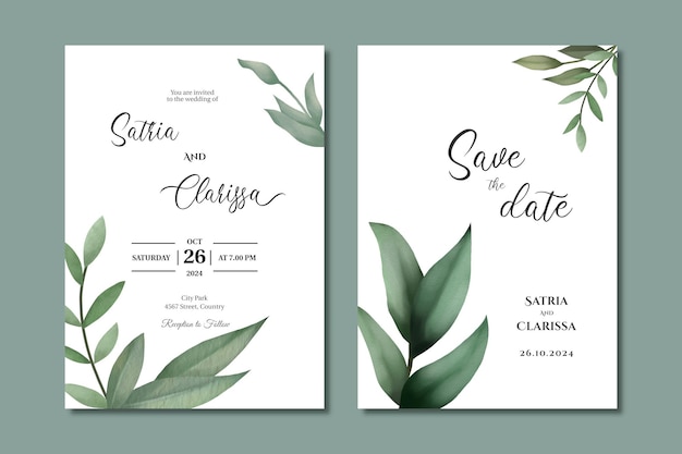 Tarjeta de invitación de boda verde con hojas de acuarela