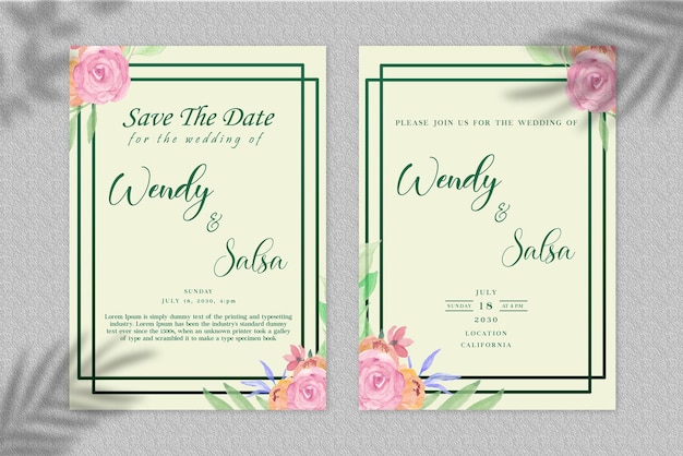 Tarjeta de invitación con elementos de acuarela. PSD de acuarela rústica