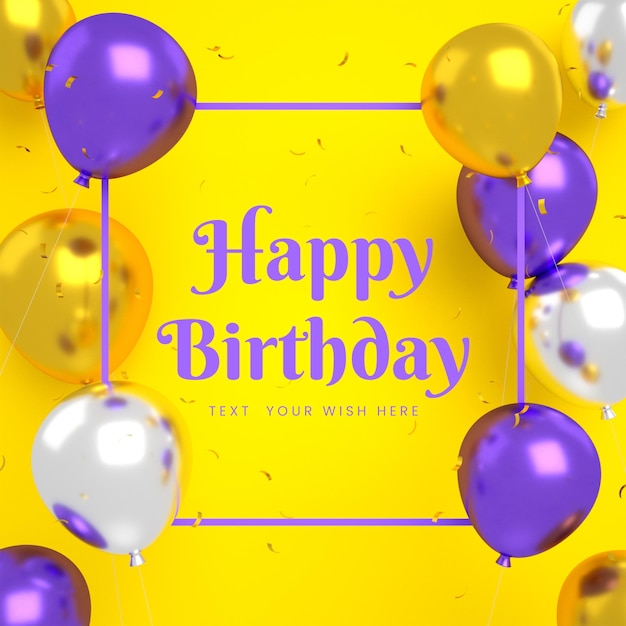 PSD tarjeta de invitación de feliz cumpleaños para plantilla de publicación de redes sociales de instagram dorado púrpura con marco
