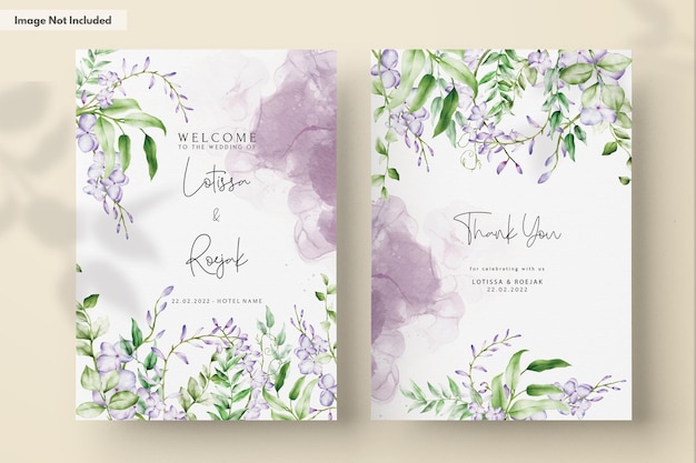 PSD tarjeta de invitación de flores lilas púrpura y violeta acuarela