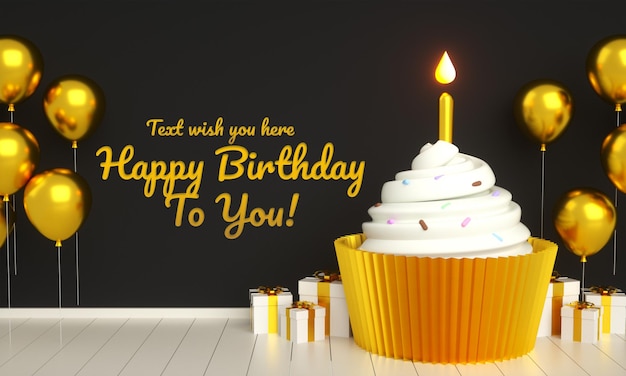 Tarjeta de invitación de pastel de banner de feliz cumpleaños para plantilla de publicación de redes sociales de oro negro con texto