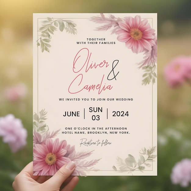 PSD tarjeta de invitación con patrón floral sin costuras tarjetas de invitación de boda plantillas