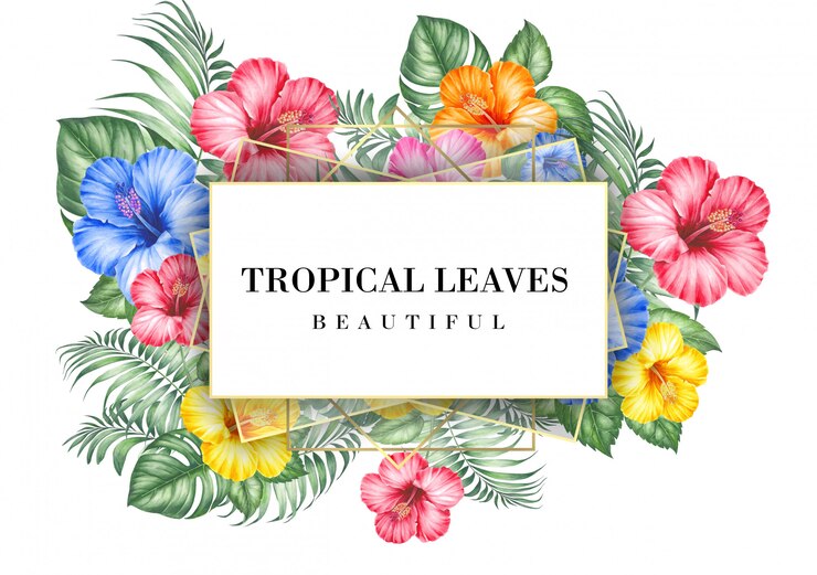 PSD tarjeta de invitación tropical con flores de hibisco