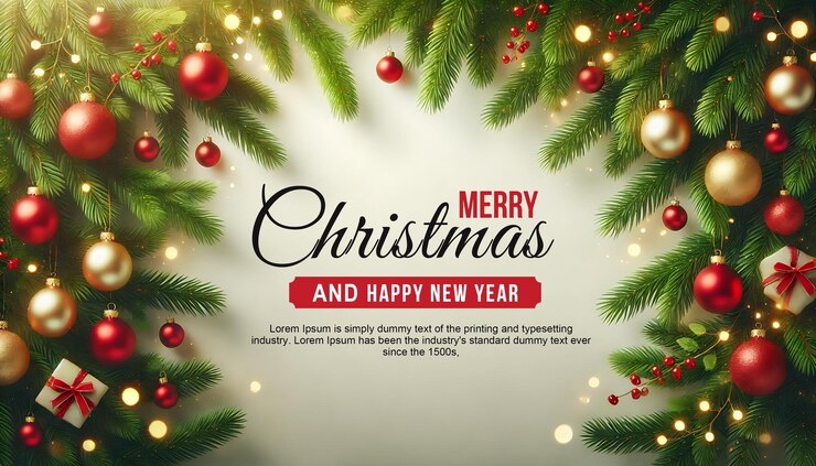 una tarjeta de Navidad con un árbol de Navidad y las palabras Feliz Navidad y Feliz Año Nuevo