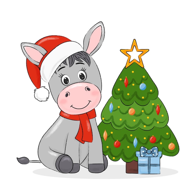 tarjeta de navidad lindo burro con árbol de navidad y regalos