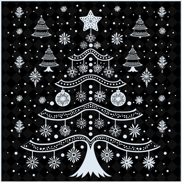 PSD una tarjeta de navidad negra y blanca con un copo de nieve y un árbol de navidad