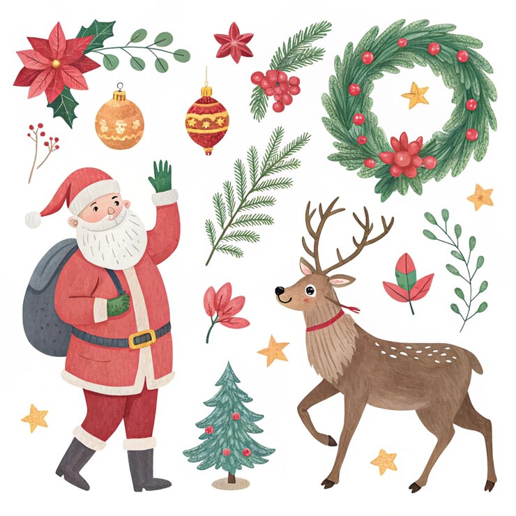 PSD una tarjeta de navidad con un papá noel y un ciervo