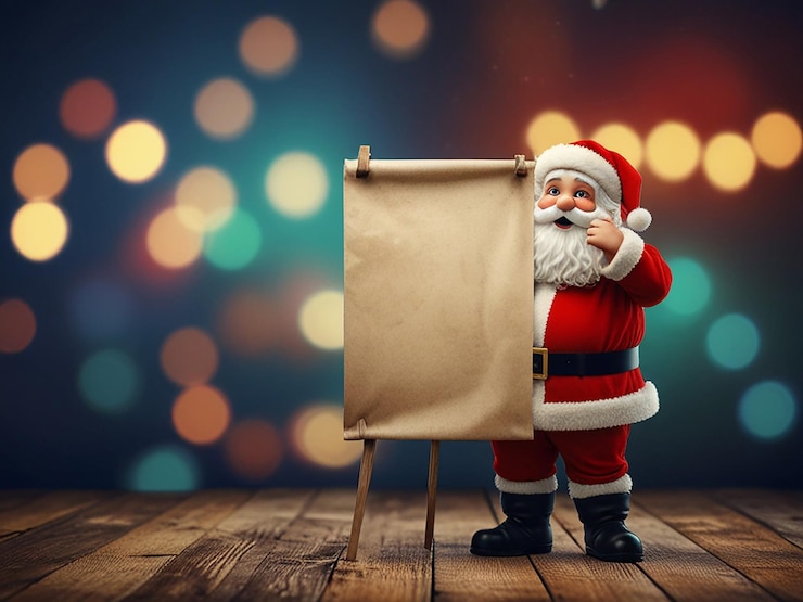 PSD una tarjeta de navidad con un papá noel de pie al lado de un papel en blanco