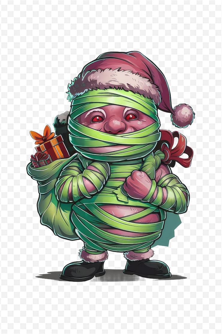 PSD una tarjeta de navidad con un personaje de dibujos animados envuelto en una cinta verde