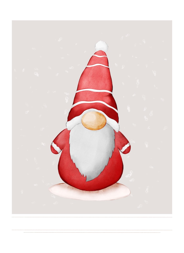 PSD tarjeta postal de gnomo de navidad personaje lindo traje rojo barba blanca nieve invierno impresión de la temporada sombrero nariz grande