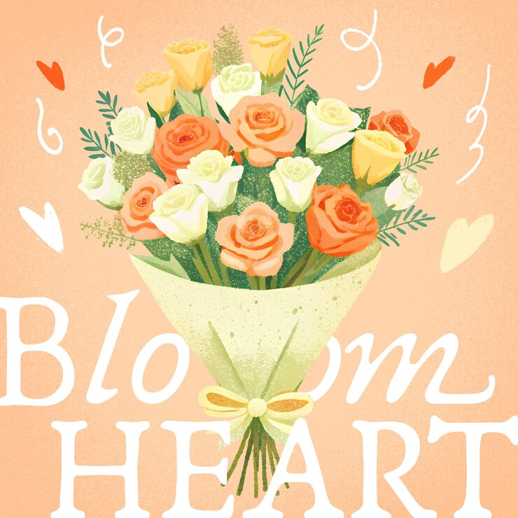 Tarjeta postal romántica con una ilustración de ramos de flores dibujados con tiza