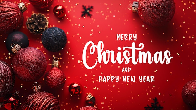 una tarjeta roja con una tarjeta de Navidad y un fondo rojo con las palabras Feliz Navidad y feliz año nuevo