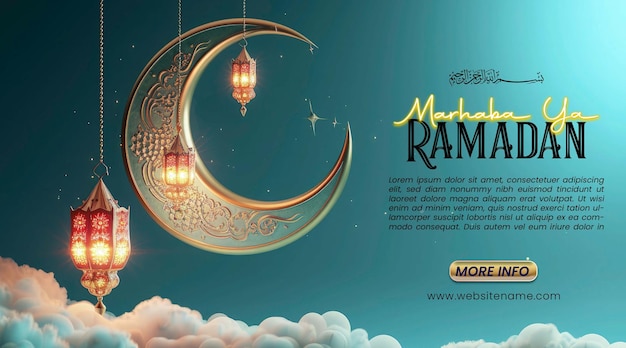 Tarjeta de saludos de karim de ramadán con patrón de media luna dorada y luna con nubes plantilla de póster de ramadán