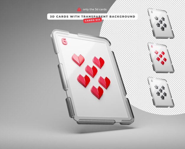 Tarjetas 3d con fondo transparente seis de corazones picas diamantes palos cartas hacia arriba