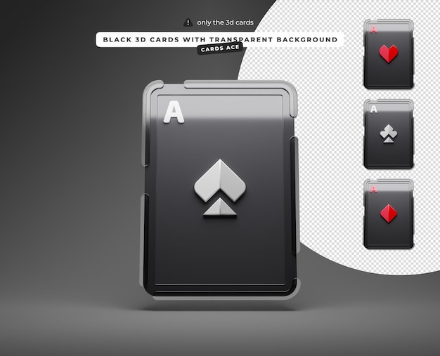 Tarjetas 3D negras con fondo transparente as de corazones picas diamantes palos cartas