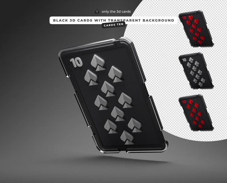 PSD tarjetas 3d negras con fondo transparente diez de corazones picas diamantes palos cartas dejadas abajo