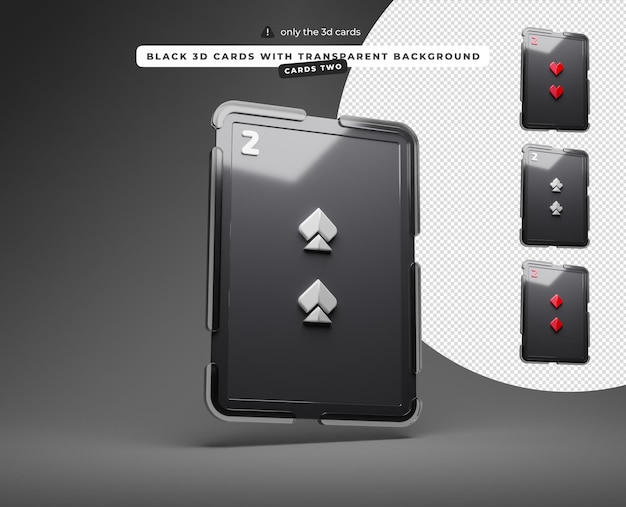 Tarjetas 3D negras con fondo transparente dos de corazones picas diamantes palos cartas a la derecha