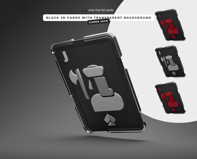 Tarjetas 3D negras con fondo transparente Jack de corazones picas diamantes palos cartas dejadas abajo