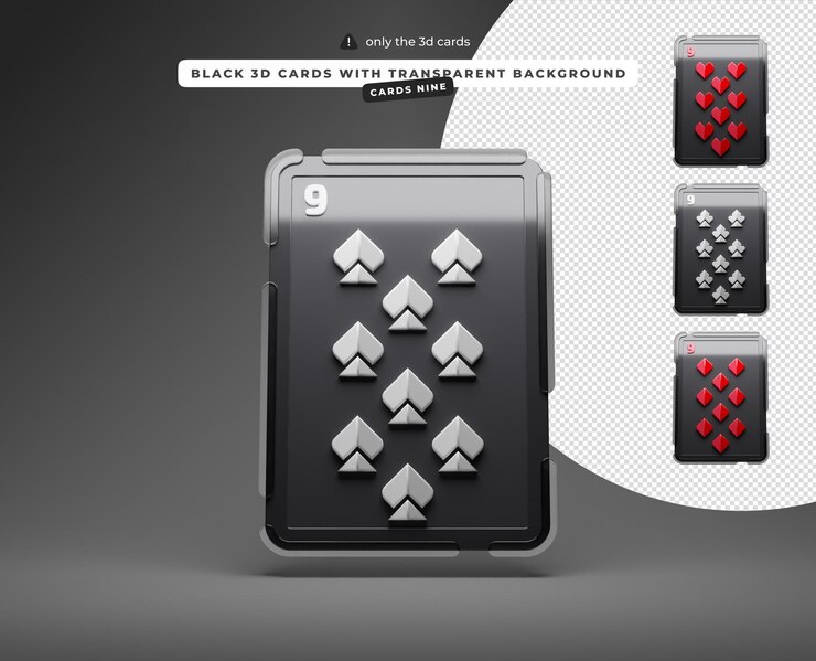 PSD tarjetas 3d negras con fondo transparente nueve de corazones picas diamantes palos tarjetas
