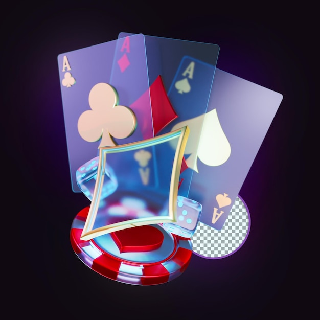 Las tarjetas de cristal y la composición de póquer de casino con fichas 3d render, elemento de diseño,