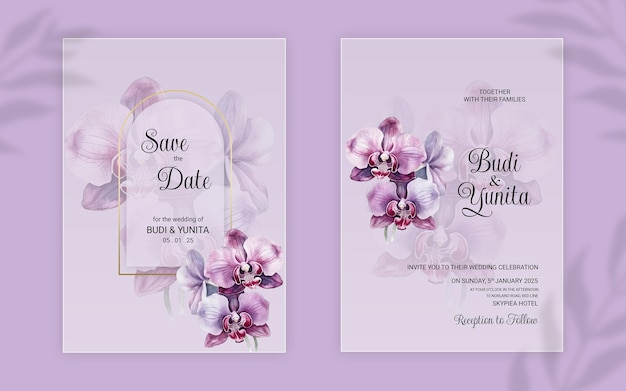 Tarjetas de invitación de boda en acuarela con hermosas flores de orquídeas