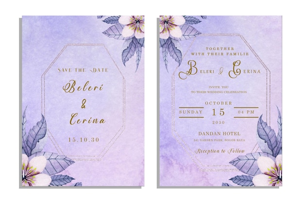 Tarjetas de invitación de boda con flores de acuarela psd