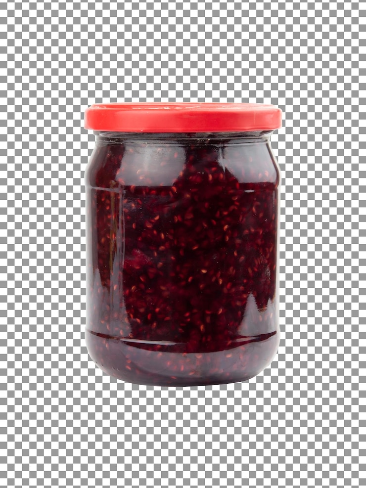 PSD tarro de mermelada de frambuesa con tapa roja aislado sobre fondo transparente