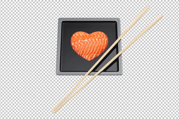 Tarro de salsa de soja 3D con salmón en forma de corazón y palillos en un fondo transparente