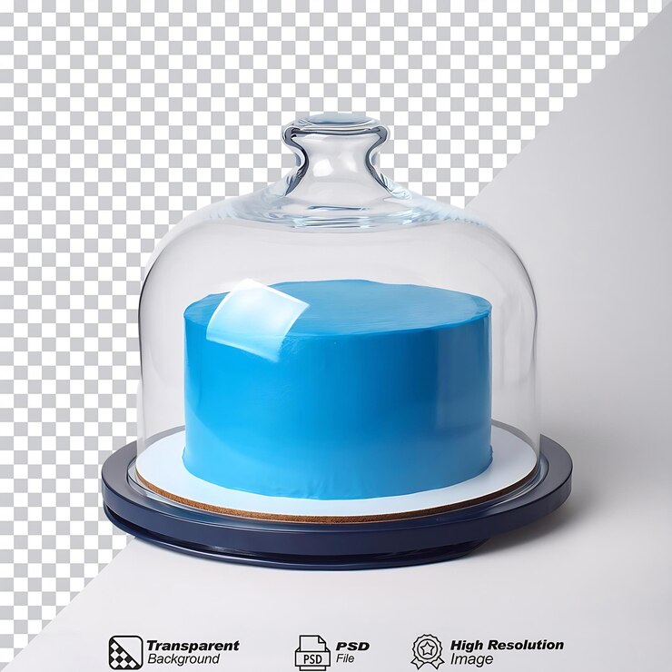 PSD tarta azul con cúpula de vidrio aislada sobre un fondo transparente