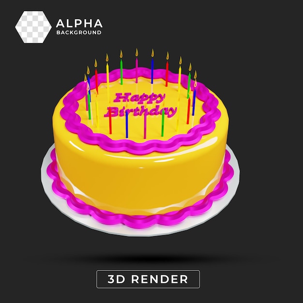 Tarta de cumpleaños renderizada en 3D con velas y texto de feliz cumpleaños