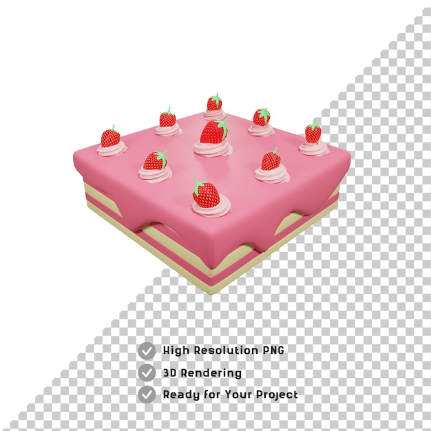 Tarta rosa cuadrada en 3D con fresa en la parte superior con fondo transparente