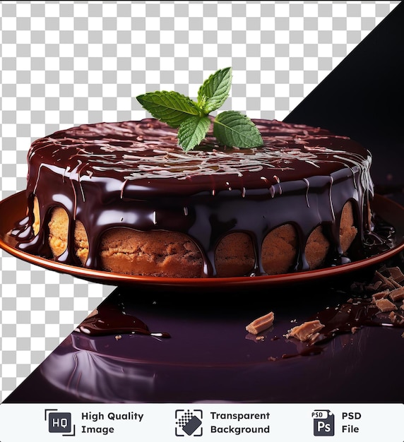 PSD tarte à la ganache au chocolat noir décadent de haute qualité, transparente, surmontée d'une feuille verte et servie sur une assiette brune avec un reflet brillant.