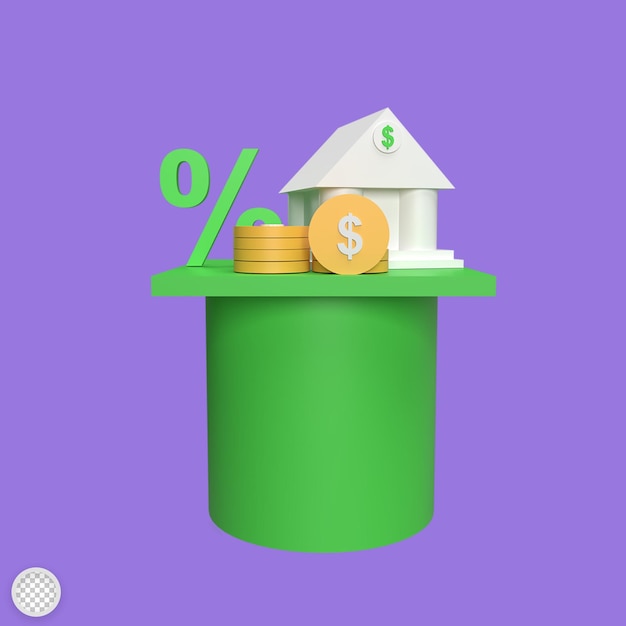 Tasa de interés banco 3d icono modelo dibujos animados estilo render ilustración