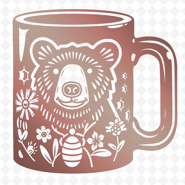 PSD une tasse brune avec un ours et des fleurs dessus